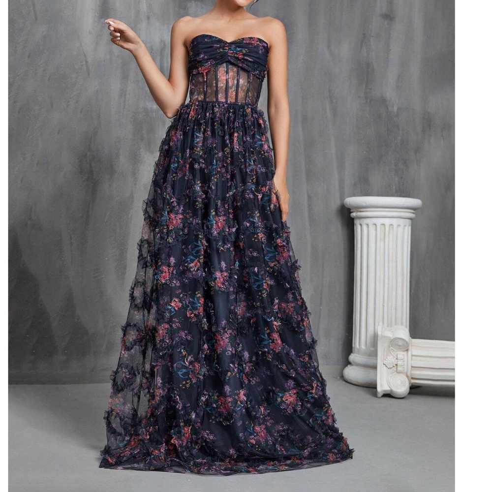 Luxe Floral Print Ruched Corset Party Wedding Formal Dress - Picture 4 of 4